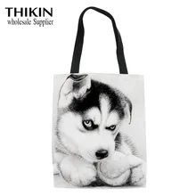 THIKIN, женские сумки через плечо, Kawaii, 3D Рисунок хаски, большие льняные сумки с верхней ручкой для девушек, для покупок, повседневные, тоут, женские сумки