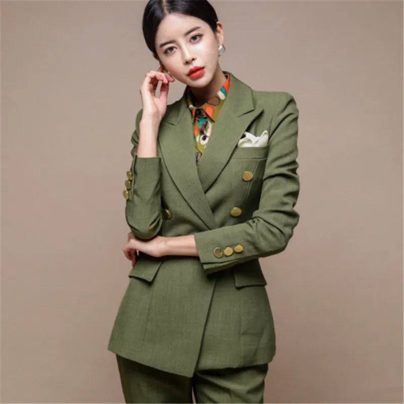 Fashion Green Women Blazer Set Double-breasted Slim Jacket+Pencil Pant Long Suit Ladies Work Female 2 Piece | Женская одежда
