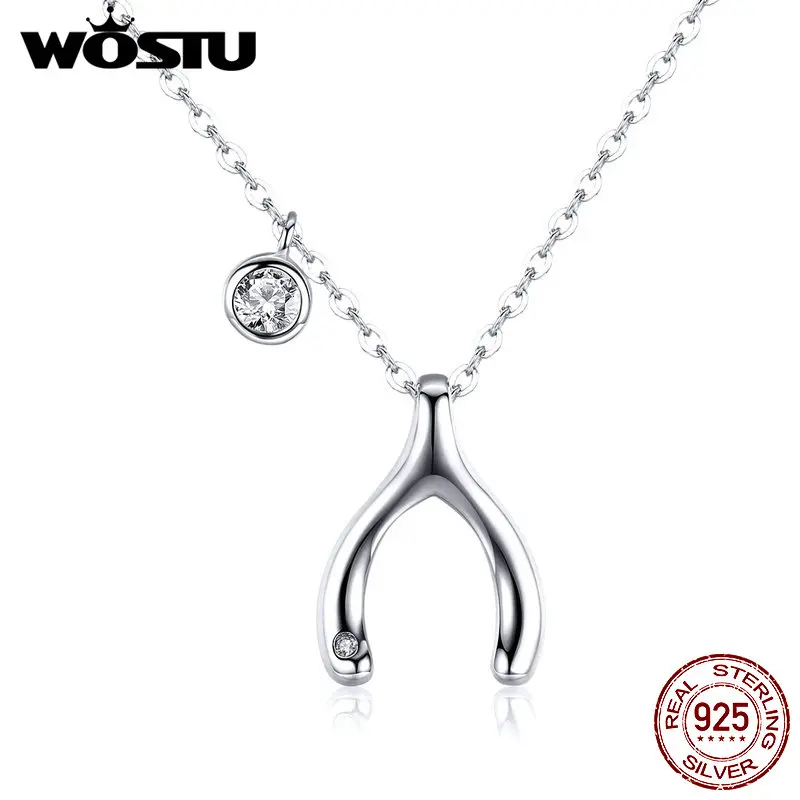WOSTU Lucky Wishing Bone ожерелья 925 пробы серебро Ослепительный CZ кулон цепь колье для женщин Свадебные серебряные украшения CTN046