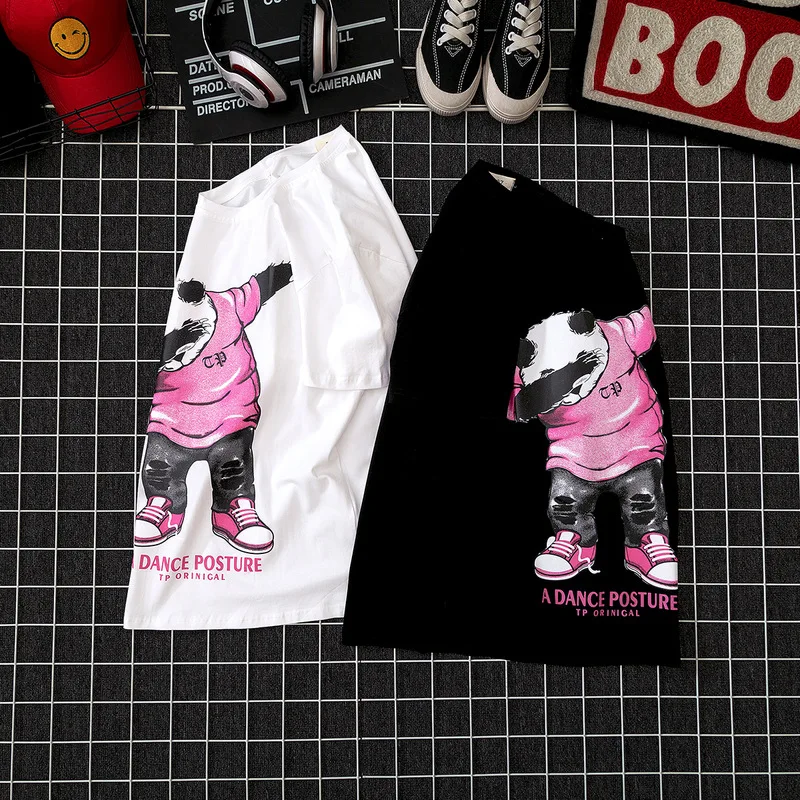 

Large Size Japanese-style Unisex Casual Sports Couples Large Size Pose Harajuku Tile Hong Kong Style Black Background Short Slee