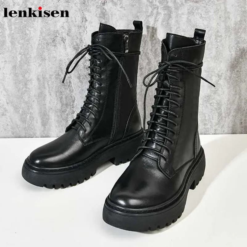 Lenkisen/популярные ботинки из натуральной кожи в интернет женские теплые ботинки до середины икры черного цвета на шнуровке с круглым носком на высоком каблуке L97