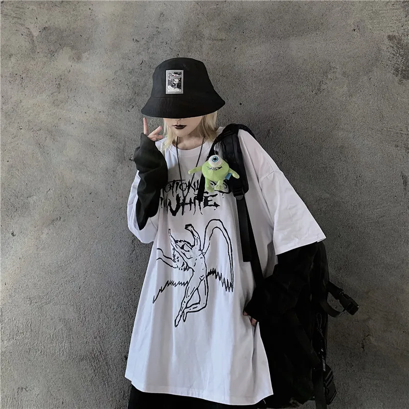 Lychee Harajuku, женская футболка с буквенным принтом ангела, топ, футболка, пэчворк, с круглым вырезом, женские футболки, Поддельные 2 штуки, женские футболки, топы, футболки