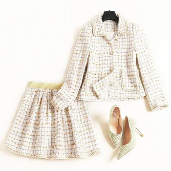 

Runway Women Tweed Set 2 Piece Set Women Skirt Top 2019 Autumn Elegant OL Tweed Jacket and Mini A-line Skirt Two Piece Sets Suit