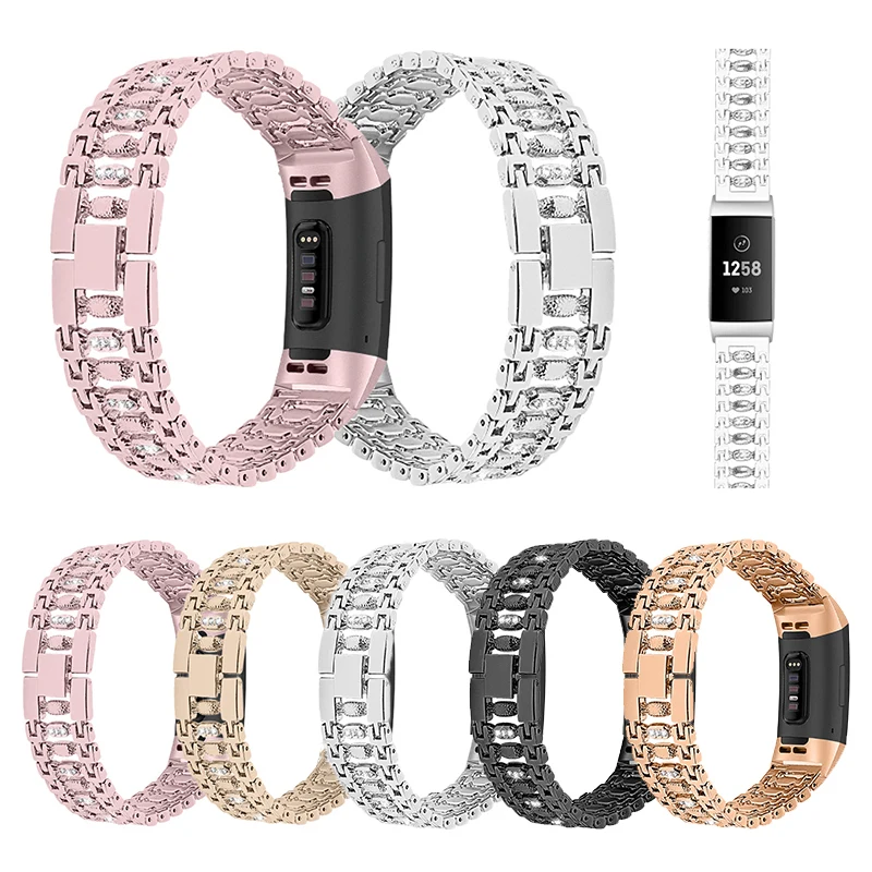 

Stainless Steel Rhinestone Watch Band Replacement Bracelet Strap for FitbitCharge 3 TH36