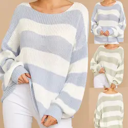 Большой размер осенний свитер Женский Повседневный пуловер вязаный полосатый длинный рукав свободный свитер с круглым вырезом свитер