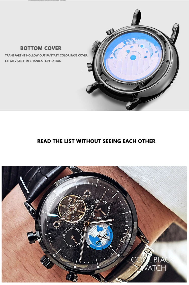 AILANG Fashion Mens Casual Tourbillon Hollow Luxury Leather Waterproof Luminous Week Calendar Clock Mechanical Watch 8613B