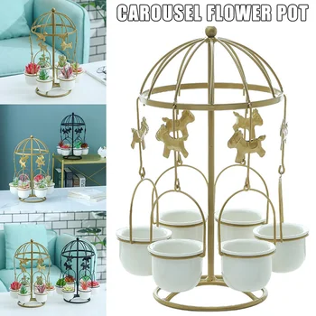 

Newest Ceramic Succulent Flower Pots with Iron Shelves Fashion Combination Flower Pot Iron Frame Set Merry-go-Round Iron