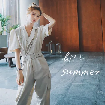 

Retro Lapel Waist Straight Jumpsuits Women Long Loose Rompers Ladies Temperament Suit Collar Playsuit
