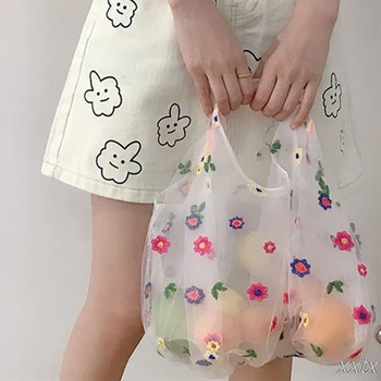 

Women Ladies Multifunction Mesh Cloth Bag Tote Female Large Capacity Flower Embroidery Shopping Bags Reusable Organizer