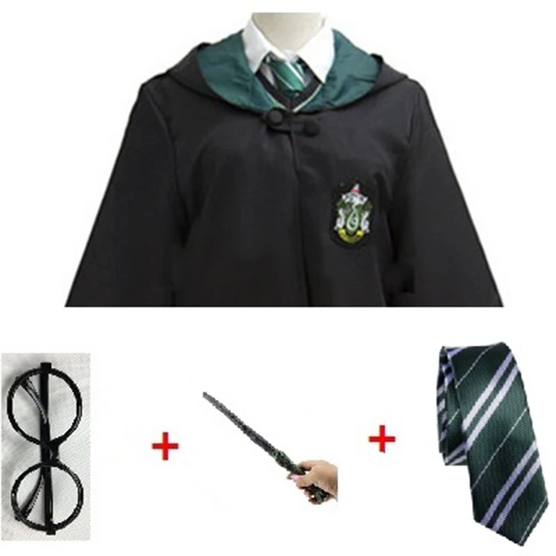Slytherin Set1 Маскарадные костюмы для взрослых и детей из Поттера, Волшебная накидка из Поттера, халат с галстуком, шарфом, палочкой, очками, одежда для костюмированной вечеринки на Хэллоуин - Цвет: Slytherin Set1
