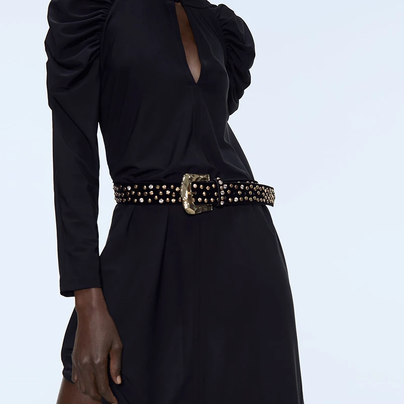 Dvacaman ZA однотонный черный кожаный ремень для женщин с бантом и хрустальной пряжкой ремень с заклепками аксессуары для одежды в стиле панк зимний подарок