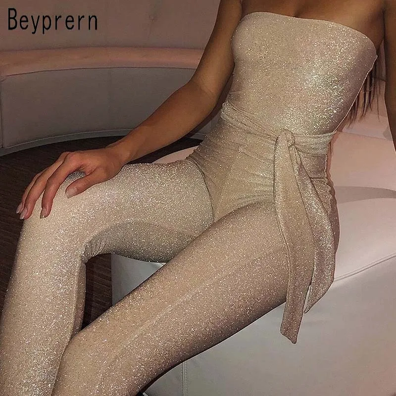 

Beyprern Sparkly Off Shoulder Belted Romper Womens Sequins Strapless Drawstring One Piece Jumpsuit Club Overalls Wholesale