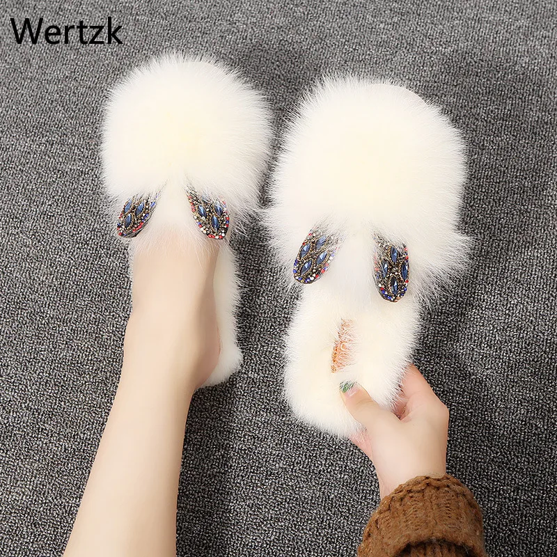 

2019 Autumn New Design Double Heart Rhinestone Ear Natural Rabbit Fur Headgear Slippers Flat Shoes Half Drag Women's Shoes A833