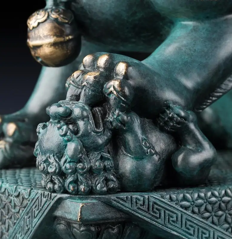 8,2 дюймов китайский Арт Деко Чистая латунь Foo Dog Guardian животные дверь лев скульптура пара