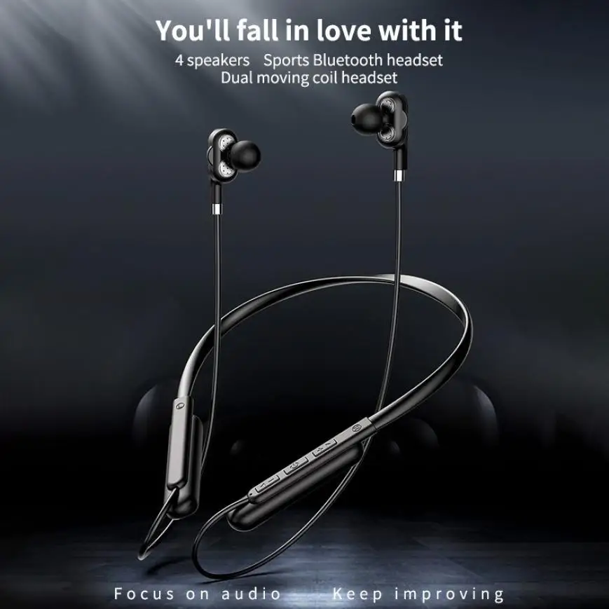Bluetooth Headphone 5 0 Four Speakers Subwoofer Neck mounted Wireless Headset Sports Noise Reduction Support Memory Card