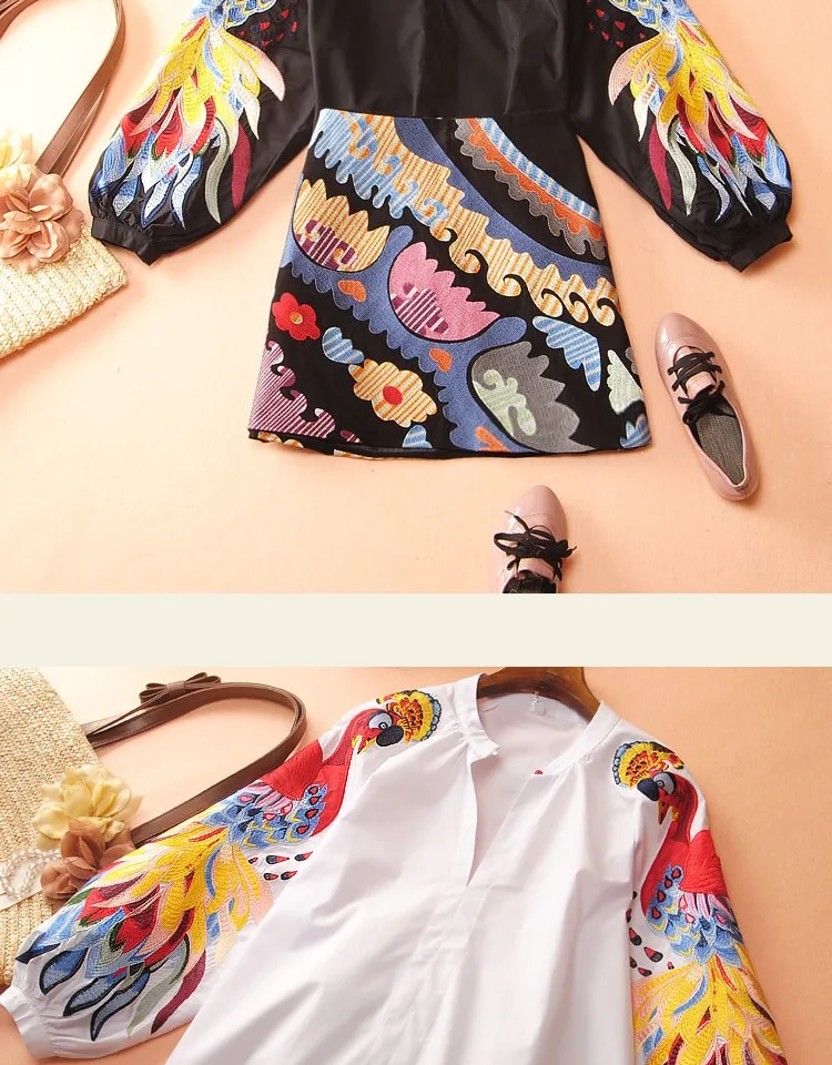 Spring and Summer Cotton Causal Shirts Embroidered Long-sleeved Shirts Woman Full Button Print O-Neck lantern Sleeve