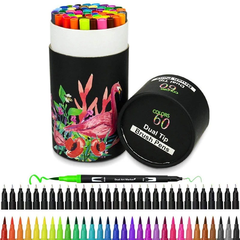 60 цветов, художественные маркеры, двойные кончики, Цветная кисть, Fineliner, цветные ручки, водный маркер для каллиграфии, рисования, набросков, цветная книга