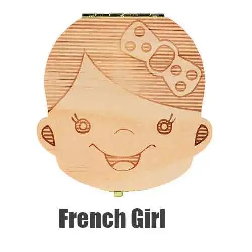 Деревянная коробка для хранения зубов английский/испанский/французский/русский молочные зубы пуповины Lanugo Органайзер Детские сувениры подарки на память - Цвет: French girl