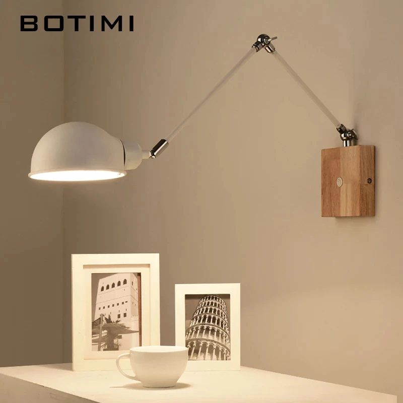 

BOTIMI Adjustable wooden Wall Lamps Modern Foldable Wall Sconce White Bedside Lights For Bedroom Matel Reading Home Lighting