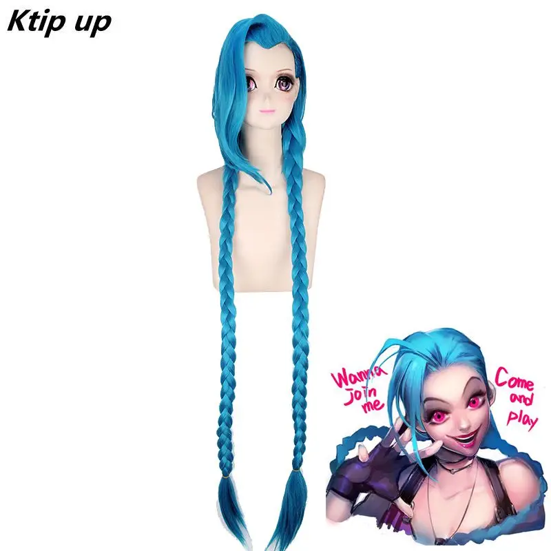 

Ktip Up 120cm LOL Jinx Cosplay Wig Blue Ponytail Braids League of Legends Long Synthetic Hair Wigs For Halloween Costume Party