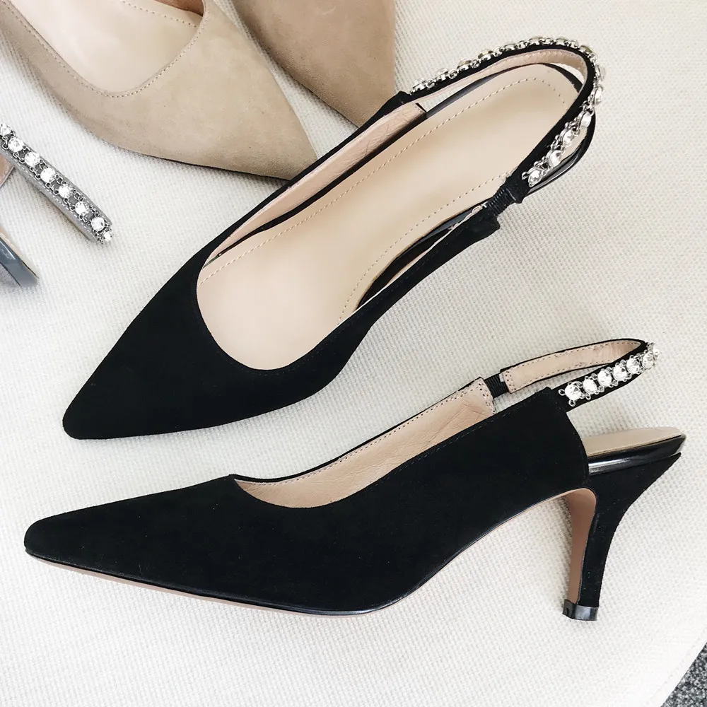 

Women's real suede leather sling back slip-on thin high heel pointed toe pumps black crystal elegant ladies bride wedding shoes