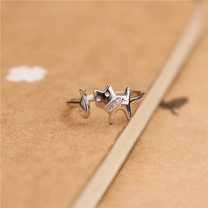 

Real 925 Sterling Silver Ring for Women Girls Resizable Cute Cat Fish With Crystal Open Size Fashion Jewelry