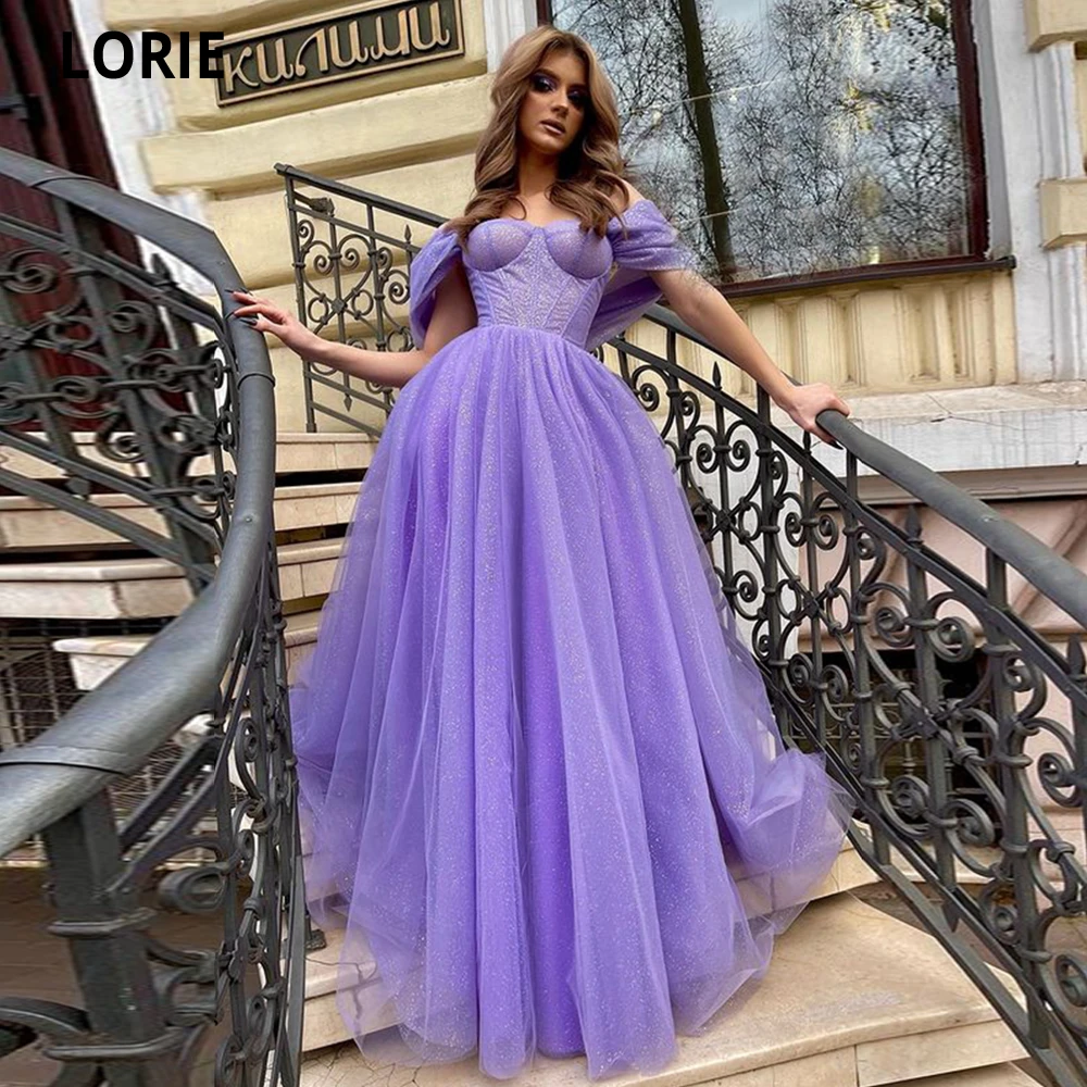 LORIE De fiesta violeta con purpurina para mujer, De vestir con hombros descubiertos, alto, corte A|Vestidos de noche| - AliExpress