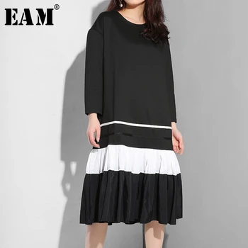 

[EAM] 2020 New Autumn Summer Round Neck Long Sleeve Hit Color Hem Pleated Split Joint Loose Dress Women Fashion Tide ASW00