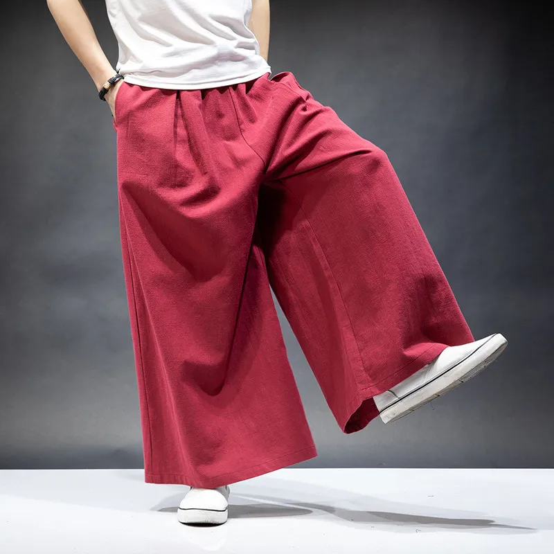 Japan style men's cotton linen wide leg pants,plus size ML-7XL Vintage casual Elastic Waist Pockets Joggers Retro Loose Trousers