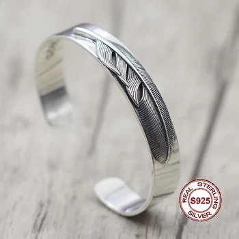 

S925 Sterling Silver Men's Open Bangles Bracelet Indian style Personality trend Feather series Send a gift to love