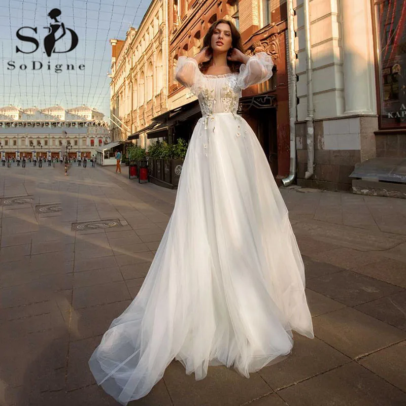

SoDigne Boho Wedding Dress Puff Sleeve Sweetheart Lace 3D Flower Bridal Gowns Plus Size Wedding Dress For Girls