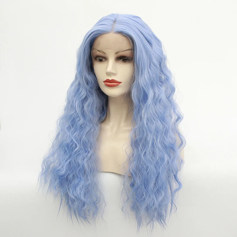 Небесно-голубые волосы натуральные волосы парик фронта шнурка натуральные волосы 26 дюймов кудрявые супер длинные кудрявые средняя часть синтетический парик фронта шнурка