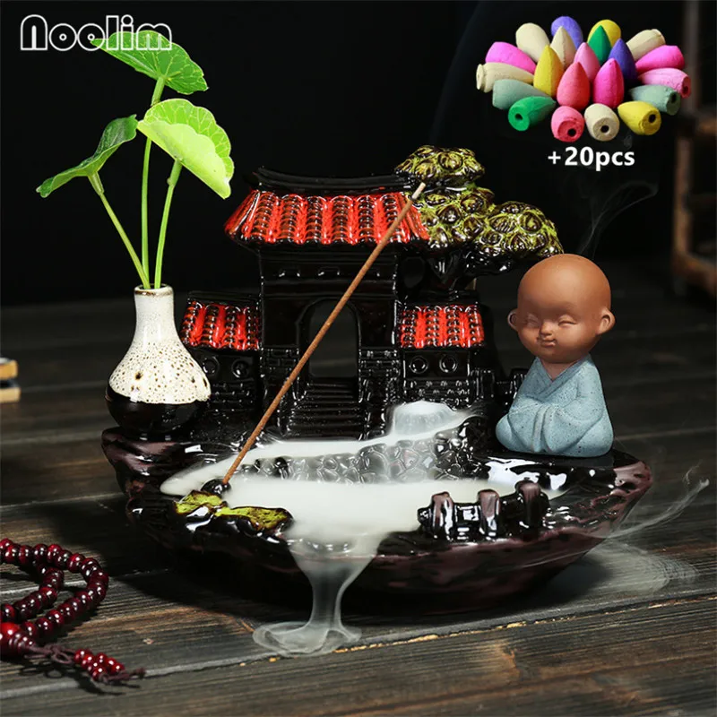With 20pcs mixed-A Керамический дом дизайн курильница для благовоний горелка маленький монах дым водопад курильница подставка для ароматических палочек домашний декор+ 20 шт конусов - Цвет: With 20pcs mixed-A