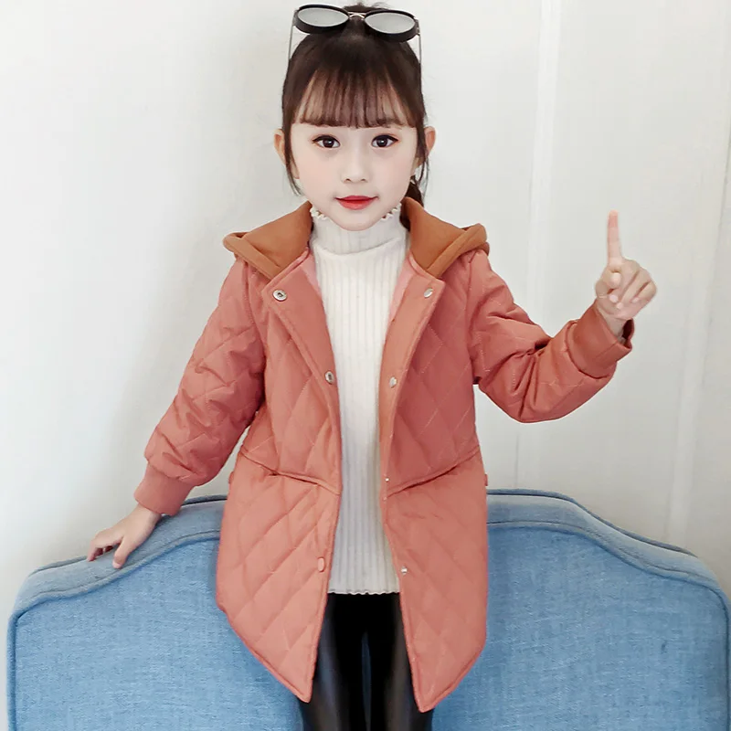 caramel colour Осенняя куртка для девочек, одежда, парка зимнее тонкое пальто с капюшоном Новинка года, Детская верхняя одежда с хлопковой подкладкой длинная одежда для подростков - Цвет: caramel colour