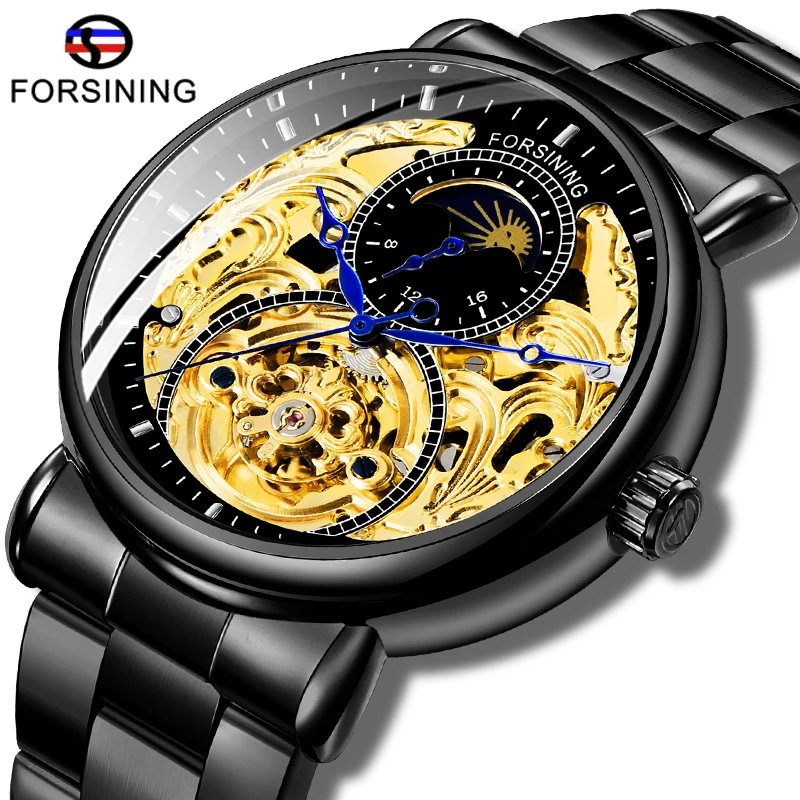 

Fashion FORSINING Black Golden Skeleton Clock Black Stainless Steel Men's Automatic Watches Male Waterproof Clock