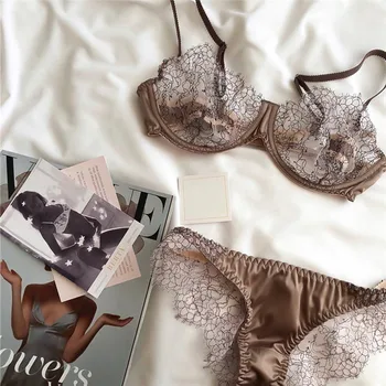 

Women Sexy Lingerie Sheer Lace Bra and G-string Set Elegant exotic Underwear Transparent exotic apparel Sleepwear