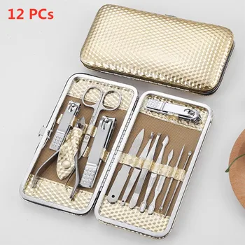 

12 PCs Professional Nail Care kit Golden Manicure Grooming Set Nail clipper Nail file Multi-purpose Scissor with Travel Case
