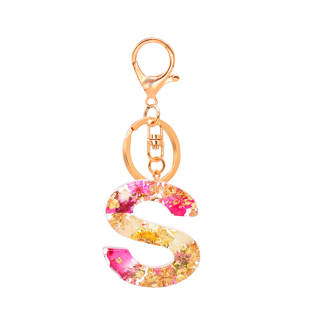 Dried Flower Letter Keychain Creative Colorful 26 English Letter Initial Resin Handbag Keyring Accessories For Women