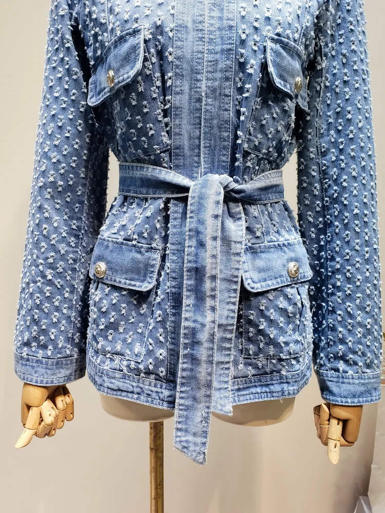 Винтажная синяя джинсовая куртка с поясом, с рваными дырками, Женское пальто, осеннее пальто с длинными рукавами и карманами, уличная Новинка
