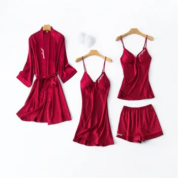 

Ice Satin Silk Pull 4 Pieces Pajamas Set Robe & Gown Set Embroidery Sexy Sleepwear Summer Home Clothing Female Pyjamas Mujuer