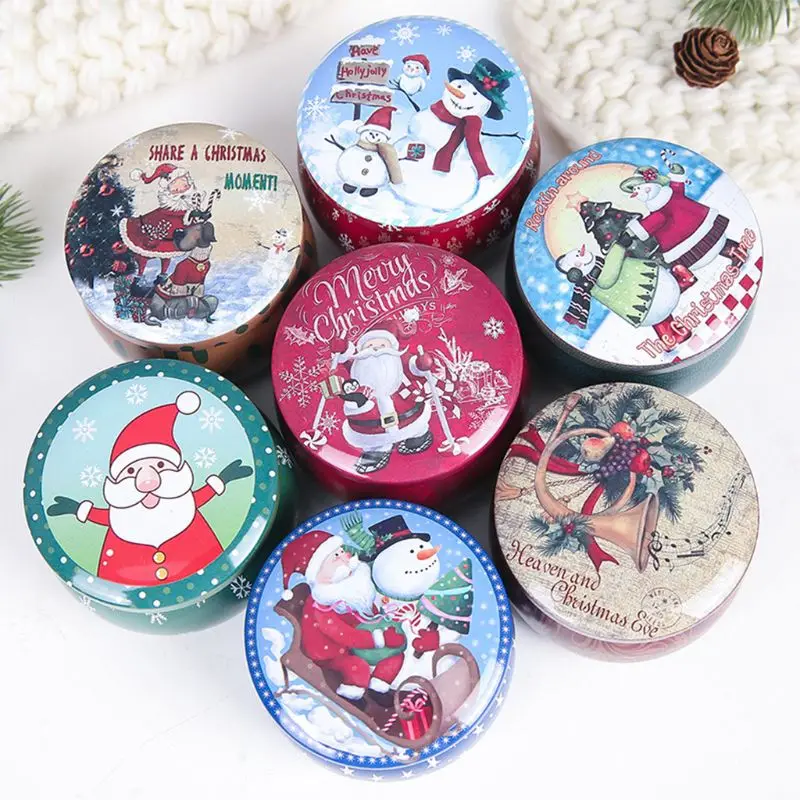 

Christmas Round Tin Sealed Jar Jewelry Biscuits Coin Candy Storage Box Container Case Headphones Organizer