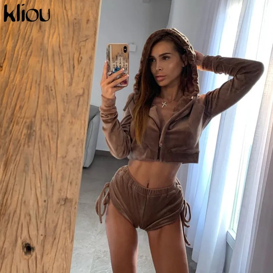 

Kliou women velvet material hoodies two pieces set 2019 autumn Jogger Set flannel elastic sexy shorts outfits casual tracksuit