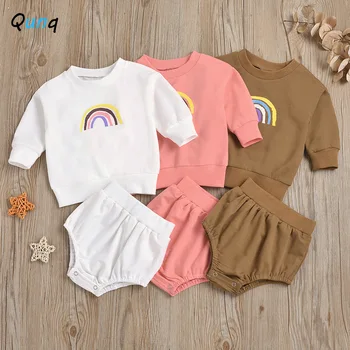 Qunq Baby Clothing Set Rainbow Print Sweatshirt Shorts 2pcs Newborns Suits for Girls Spring Summer Infant Boy Clothes 2021 New girls rainbow print sweatshirt