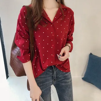 

Autumn and winter long-sleeved casual shirt female loose POLO collar wave point student dress casual slimming top