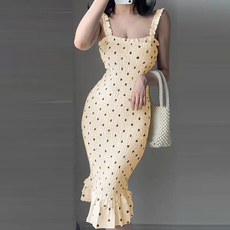 Women Fashion Polka Dots Print Bodycon Party Dress Chic Ruffled Hem Thick Strap Cocktail Party Midi Dress
