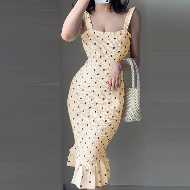 Women Fashion Polka Dots Print Bodycon Party Dress Chic Ruffled Hem Thick Strap Cocktail Party Midi Dress Beige