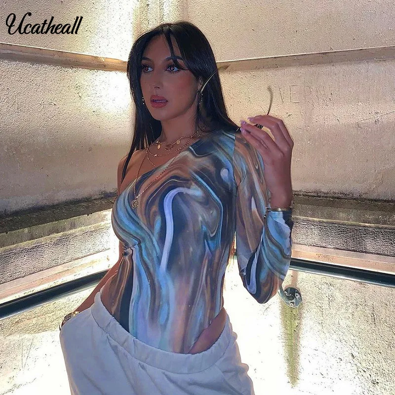 Fashion Printing Bodysuit Female Sexy One Shoulder Long Sleeve Slim Bodycon Jumpsuits High Waist Ladies Rompers Skinny |