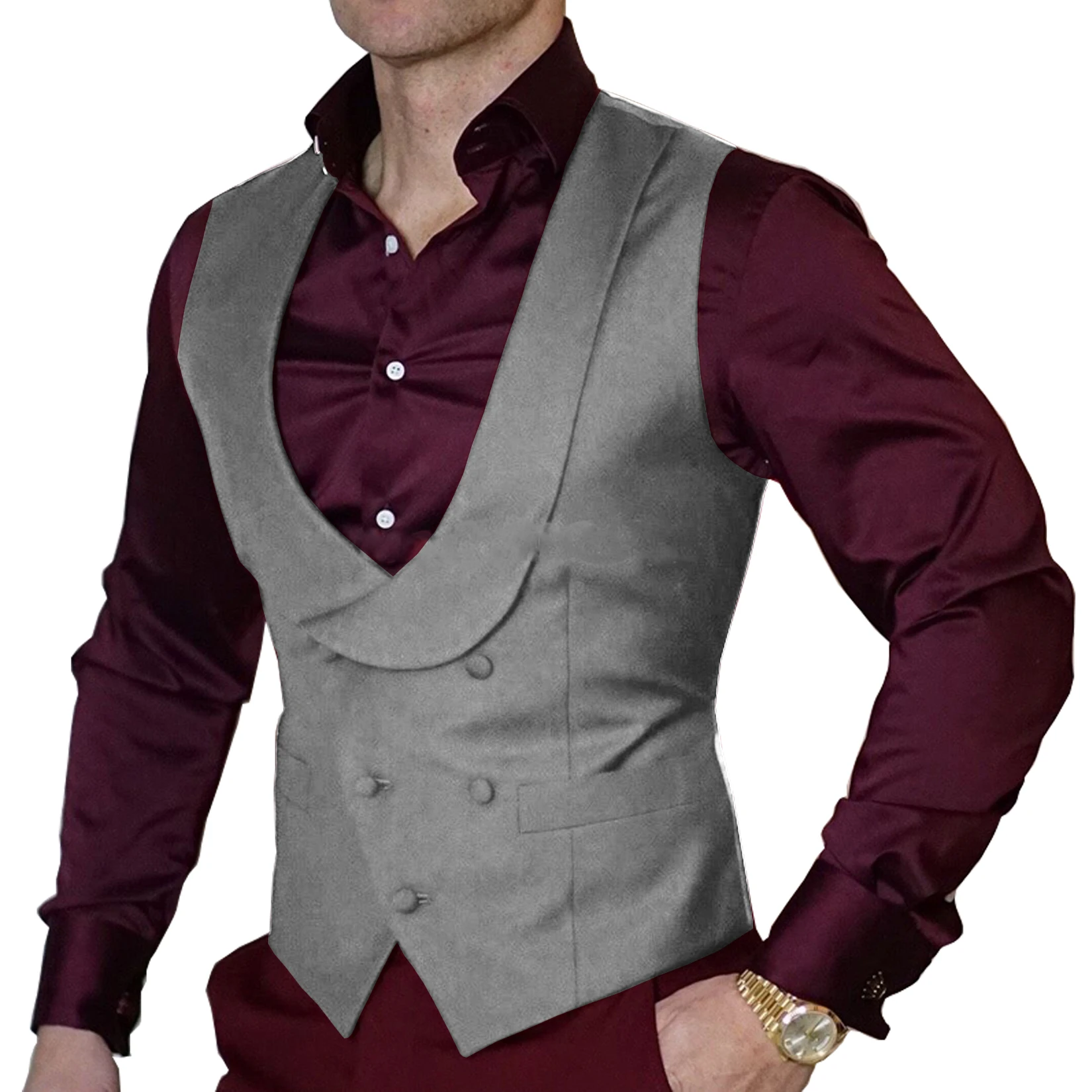 Double-Breasted Burgundy Waistcoat Wedding Men's Suit Vest Shawl Lapel Slim Waistcoat Steampunk 4