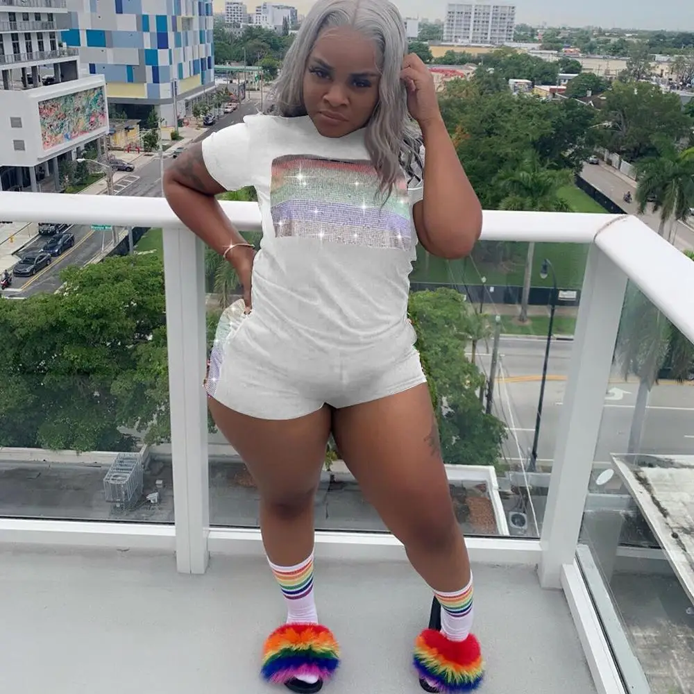 

AHVIT Sequined Printed Fashion Casual Women Two Piece Set Short Sleeve Round Collar Top And Elastic Waist Short Pants WNK8818