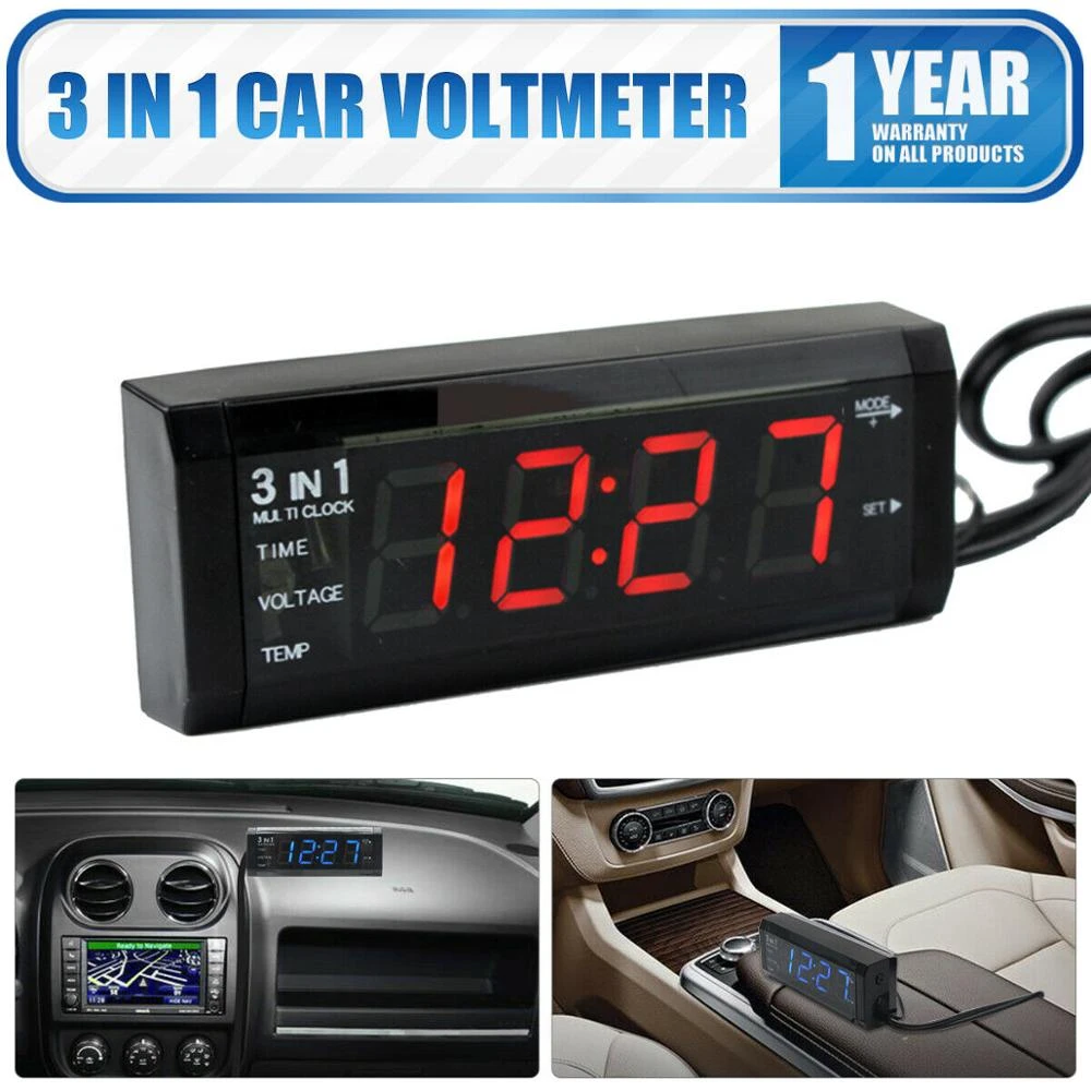 Red LED Digital Display 12V 3in1 Vehicle Car Kit Thermometer Voltmeter Clock